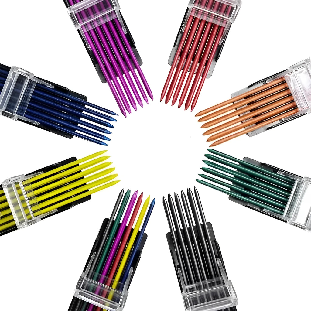 Plastic case containing 12 pieces of 0.5mm erasable mechanical pencil lead refills in rainbow and standard colours
