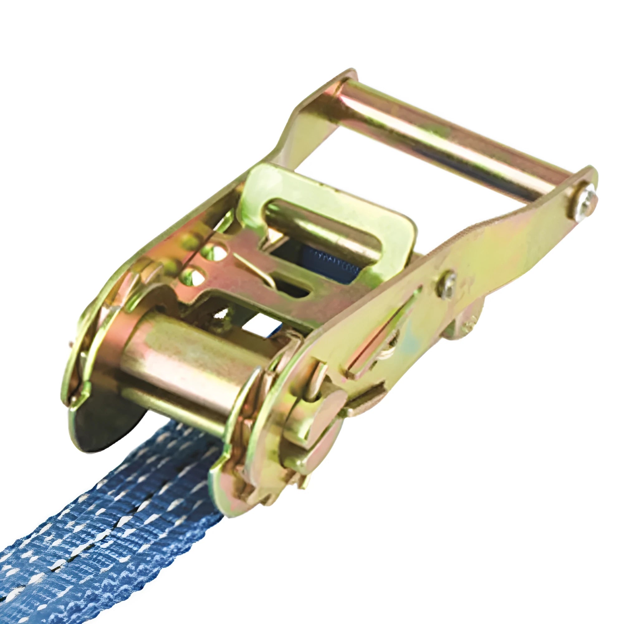 Steel and polyester double hook ratchet tensioner strap for cargo and furniture moving.