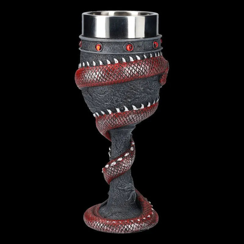 Gold stainless steel wine glass with 3D red dragon sculpture around stem