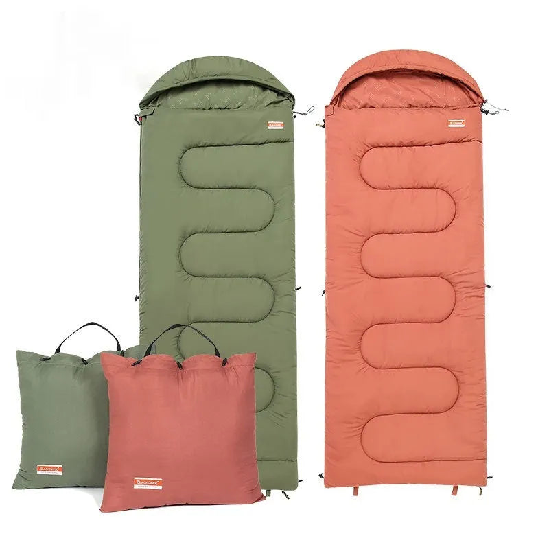 Cotton camping sleeping bag in ochre and olive green colours for outdoor bedding