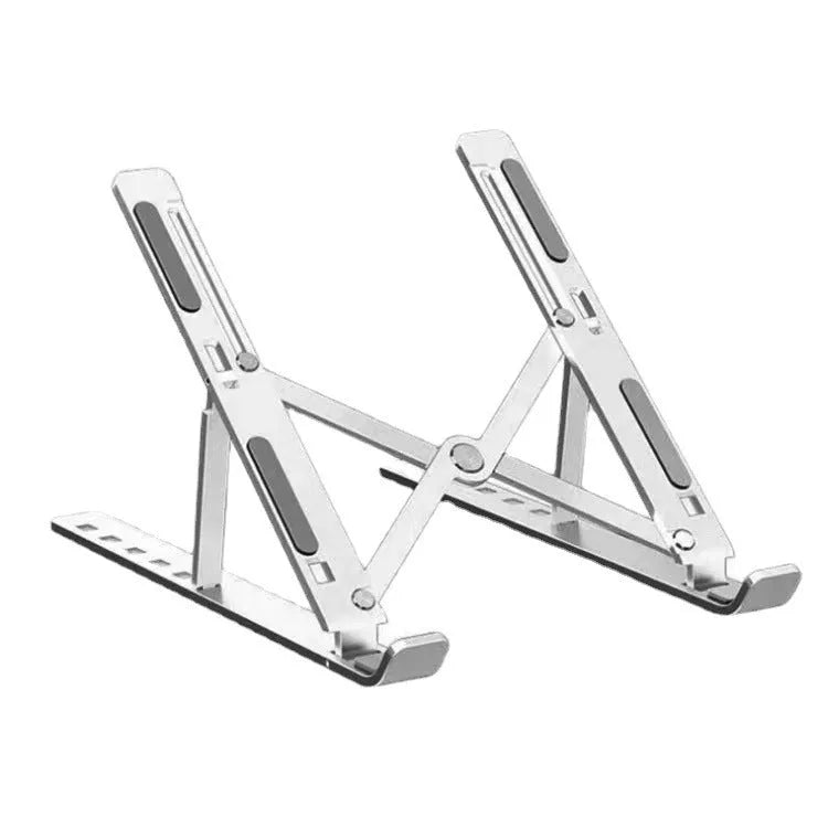 Silver aluminium alloy folding laptop stand with silicone padding for 16-inch or 18-inch devices
