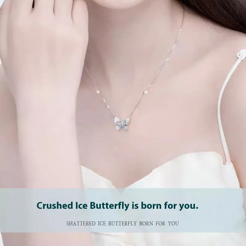 S925 silver butterfly necklace with ice rain pendant on O-ring chain, adjustable 41-50cm perimeter
