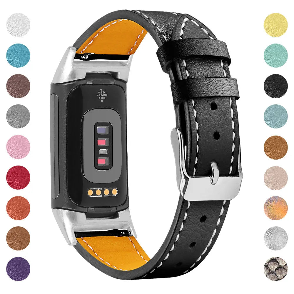 Genuine leather replacement strap for Fitbit Charge 5 and Charge 6 smartwatches in multiple colour options
