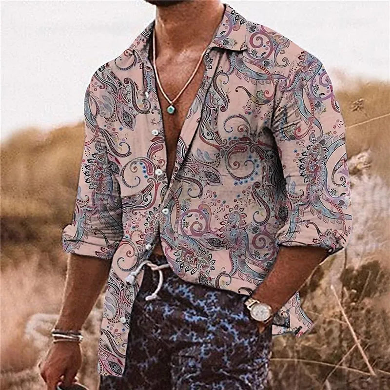Men's loose fit long sleeve shirt with a 3D digital print flower pattern in a business casual style.
