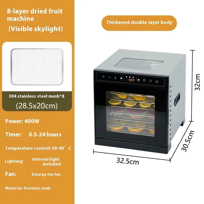 Stainless steel food dehydrator with digital LED panel and multiple stacking trays.