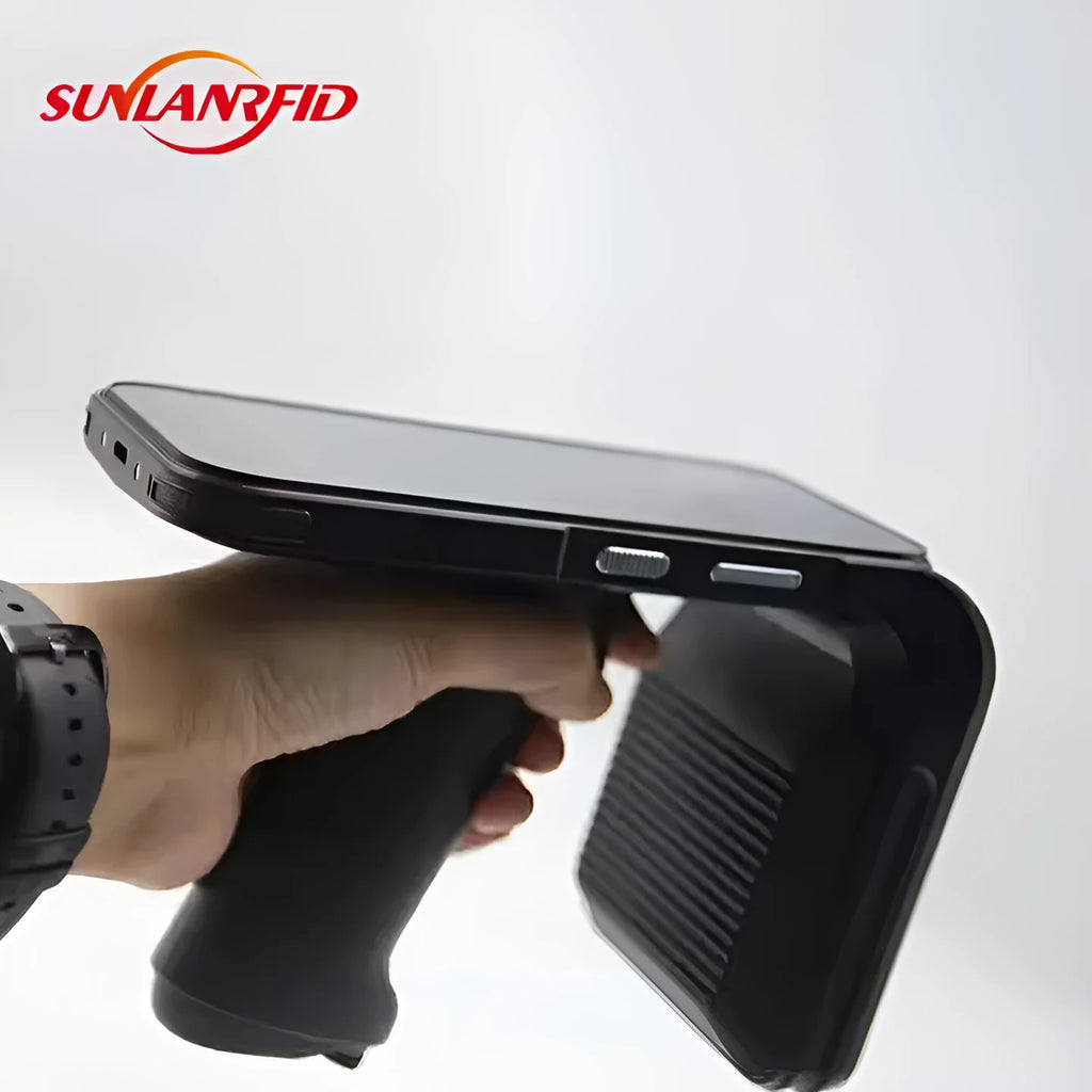 SLP-05 handheld Android UHF RFID reader and scanner with integrated barcode scanner and fingerprint sensor.