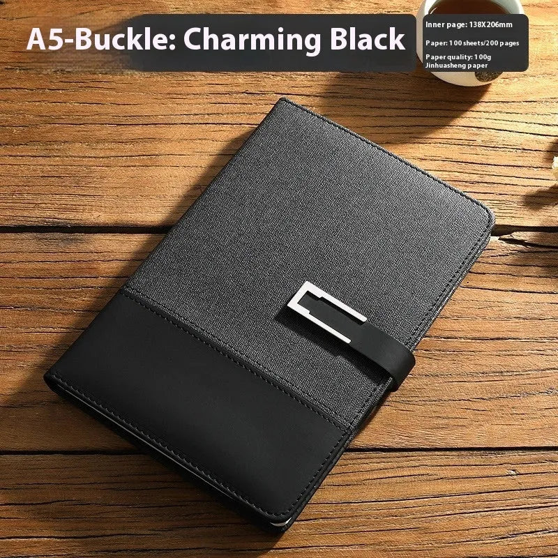 A5 business notebook with PU leather cover in brown, black, green, blue, or red, alongside a luxury gift box.