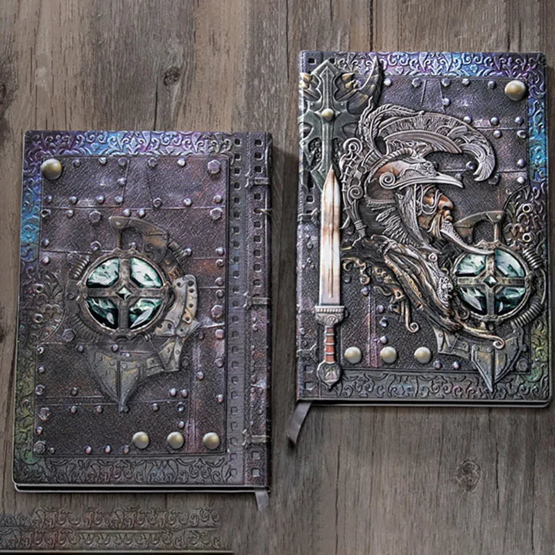 A5 leather notebook with embossed 3D warriors relief design on the cover, shown open.
