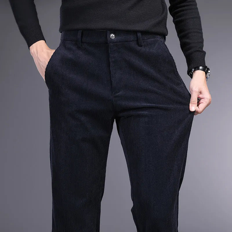 British retro striped straight pants in polyester blend fabric with zip placket fly opening
