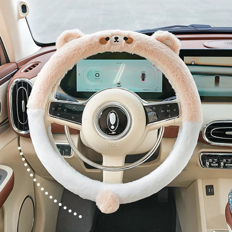 Plush cartoon animal embroidered steering wheel cover for winter, shown fitting a 38cm car steering wheel.