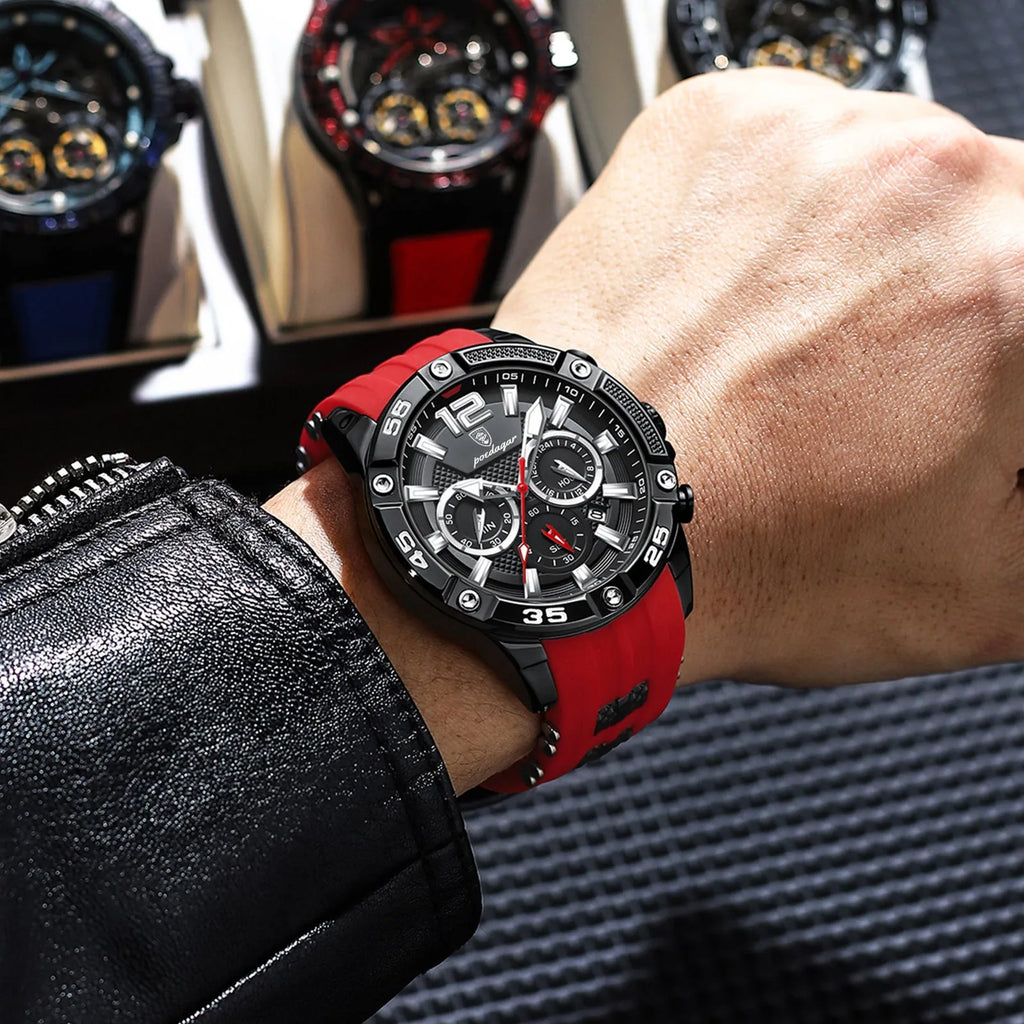 Men's quartz watch with black shell and blue silicone band, 8mm thickness, 912 series casual style