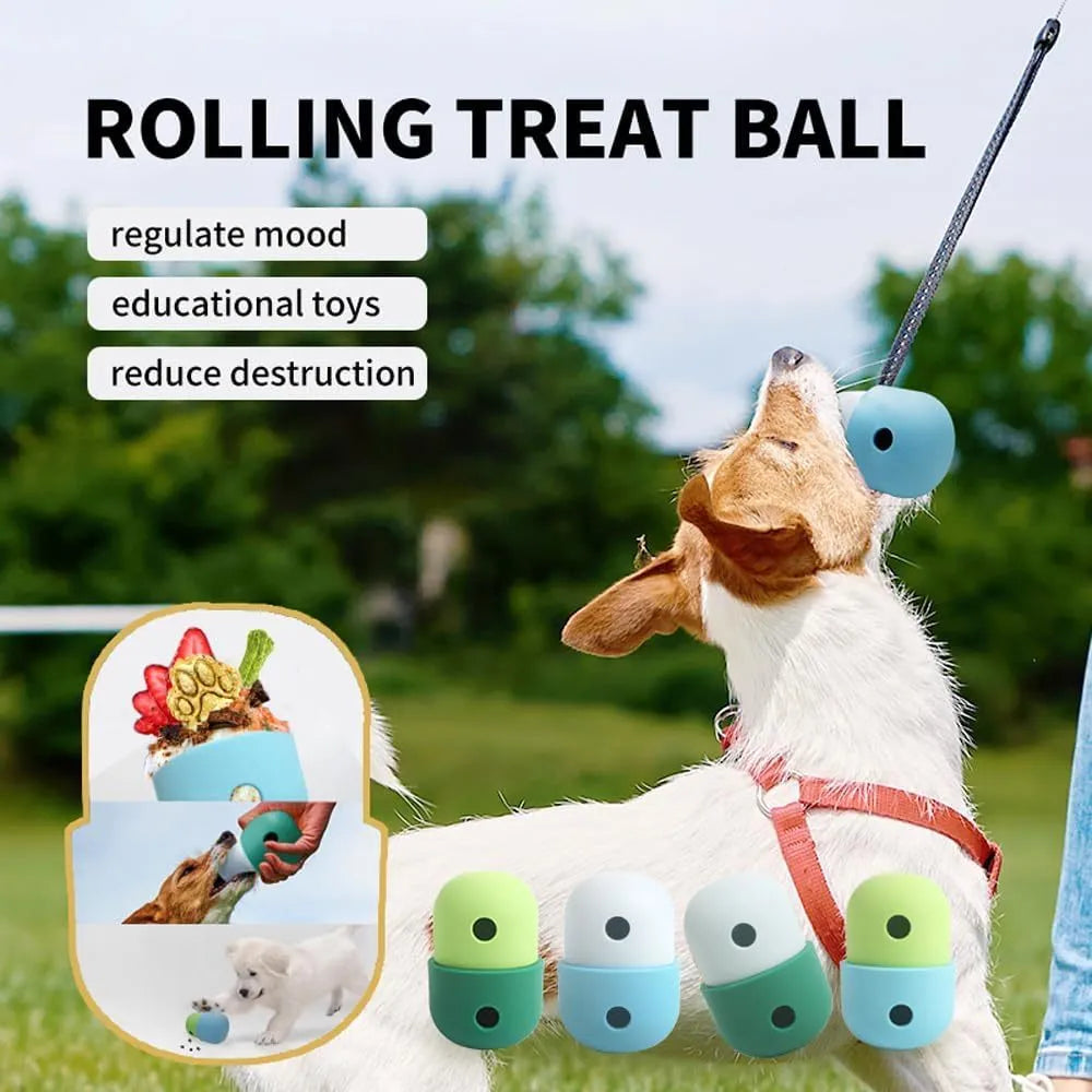 White and blue food-grade silicone dog treat puzzle toy for small breeds on a hard floor.