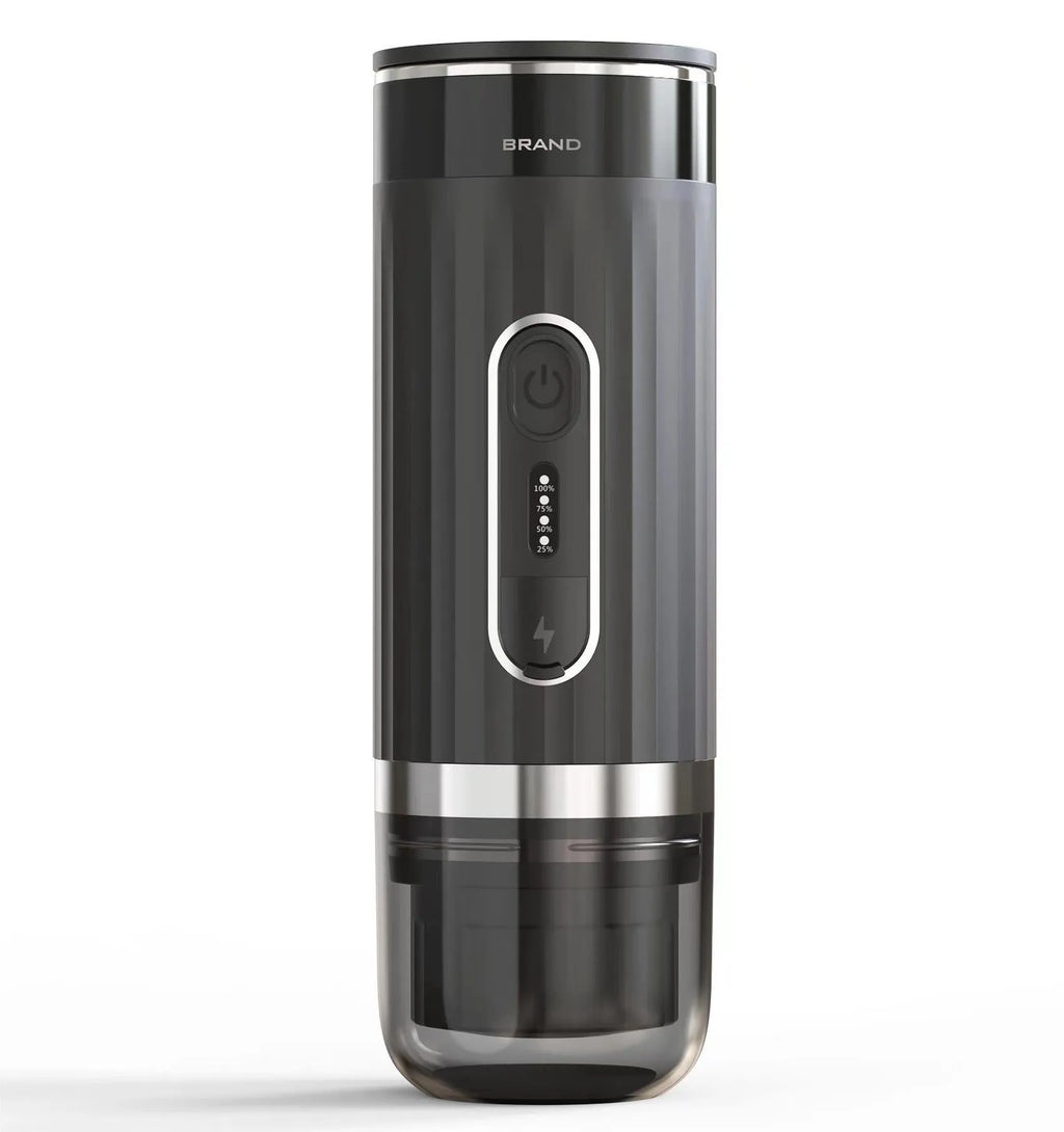 Black portable wireless coffee machine for use in cars and outdoors with K-Cup capsules.