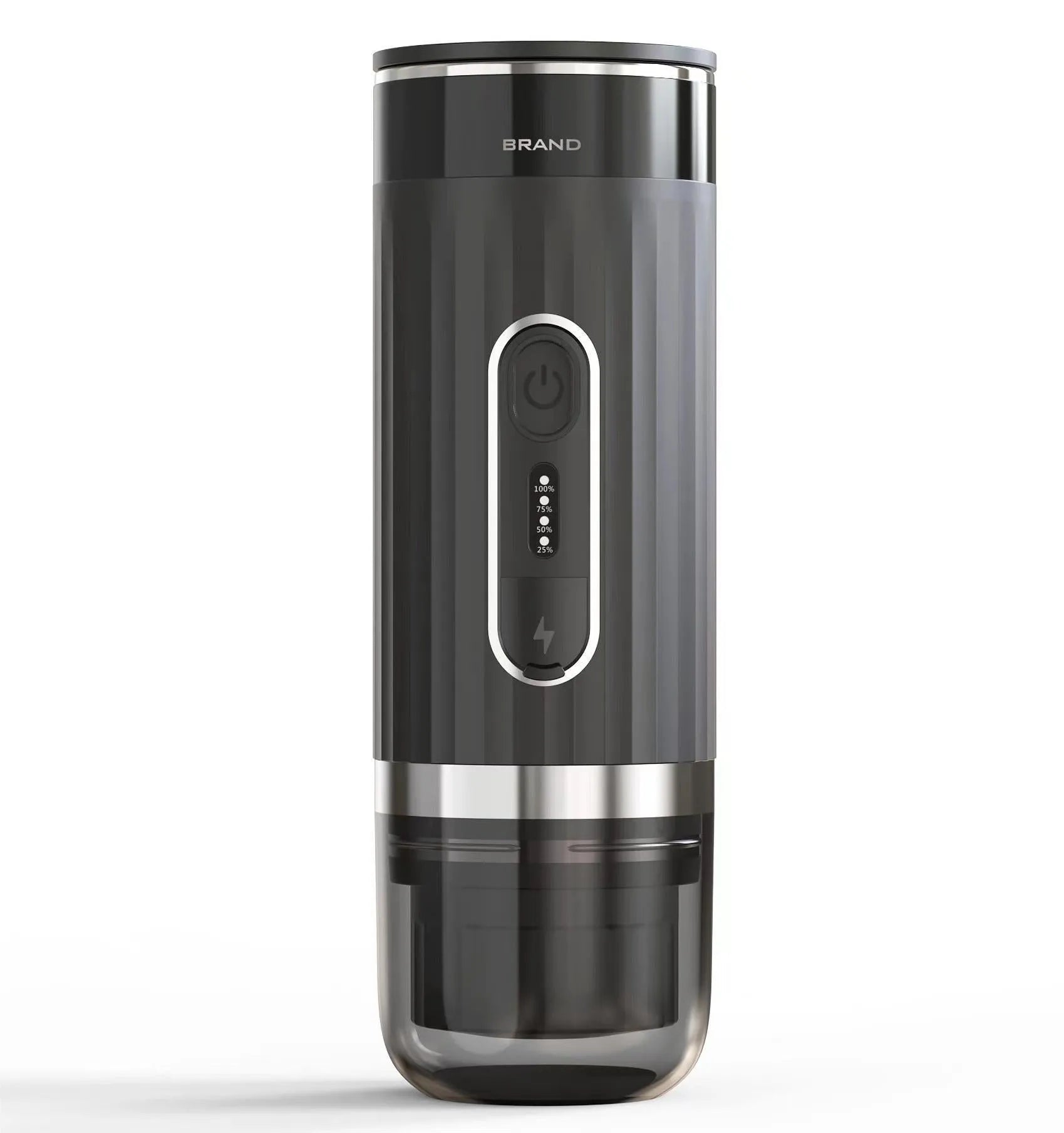 Black portable wireless coffee machine for use in cars and outdoors with K-Cup capsules.