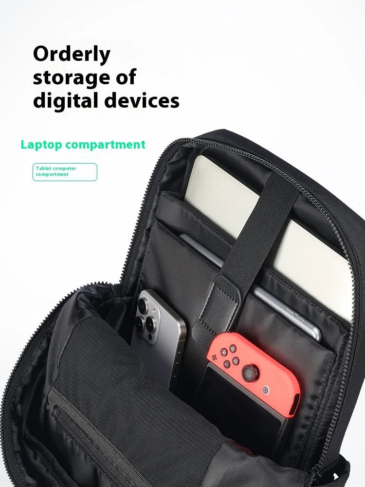 Black oxford cloth computer backpack with a 20-35 litre capacity and polyester lining.