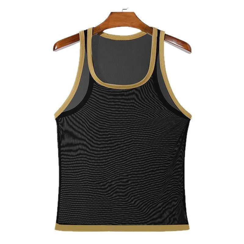 Men's white polyester mesh fitness vest with straight hem on athletic model
