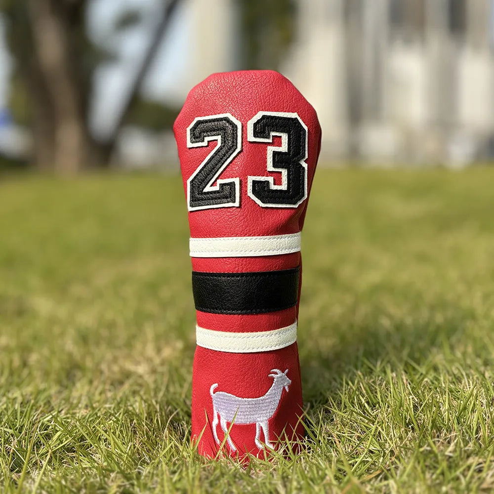 Ram golf club sleeve set showing four PU protectors for wooden pole clubs including chicken drumstick fairway design and square putter cover