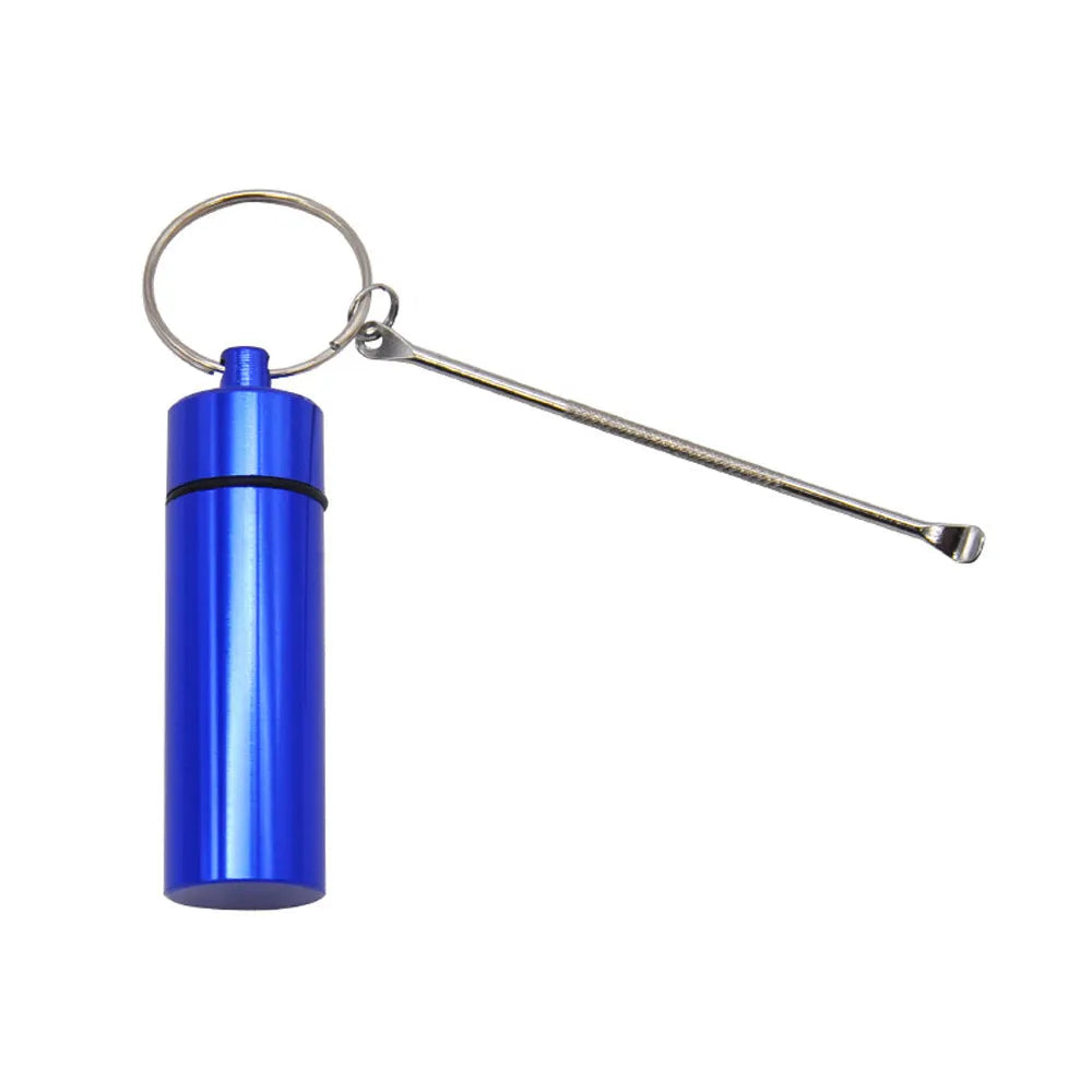 Aluminium portable medicine bottle with spoon and keychain in blue, green, red, gold, and black
