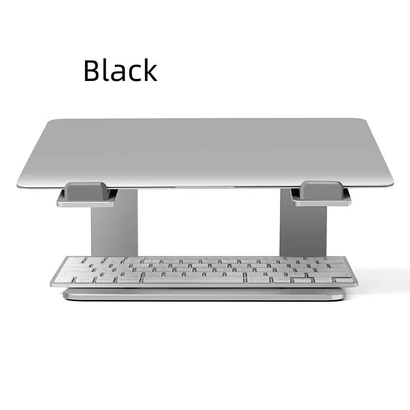 Aluminium laptop stand in black colour showing 29.9cm width and 18.5cm height dimensions