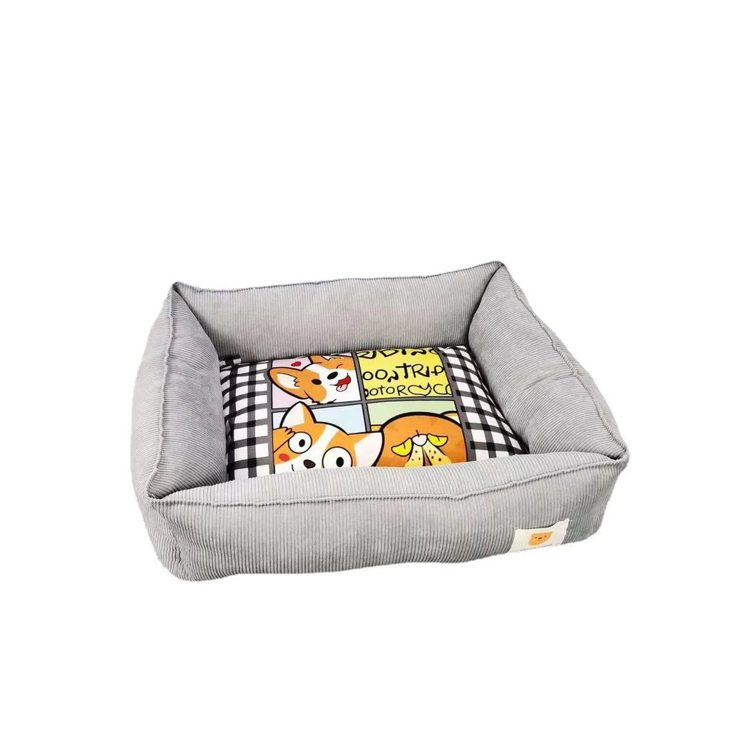 Light blue cotton winter dog nest bed with soft padded interior, shown empty on a wooden floor.