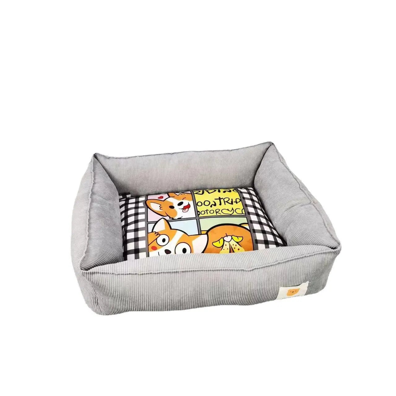 Light blue cotton winter dog nest bed with soft padded interior, shown empty on a wooden floor.
