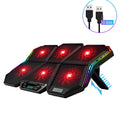 Black and red notebook cooling pad with six visible fans for laptop heat dissipation
