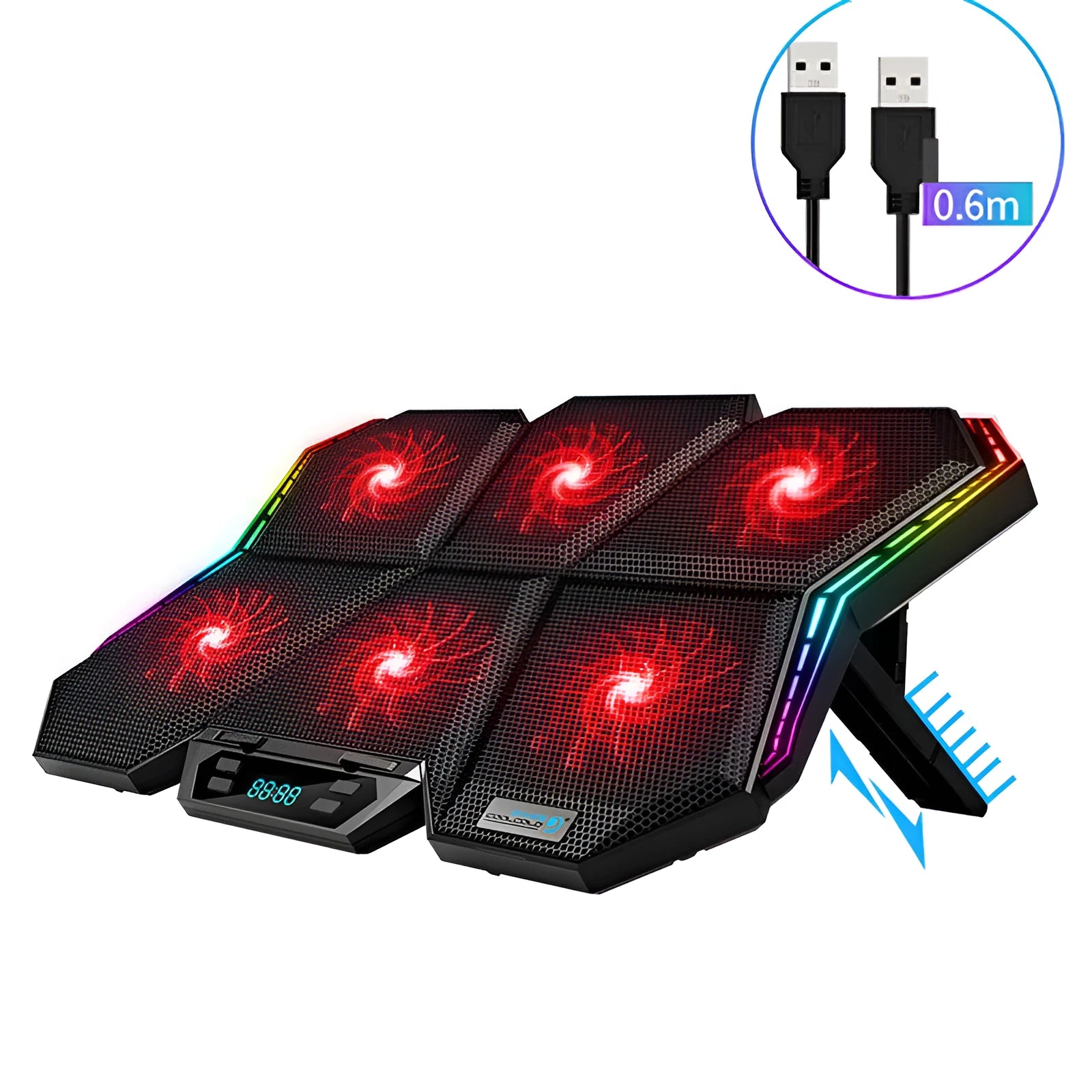 Black and red notebook cooling pad with six visible fans for laptop heat dissipation