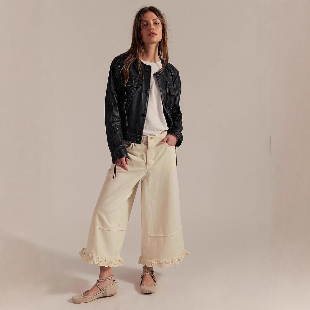 Women's wide-leg cropped lace jeans in dark blue with high waist and zipper detail