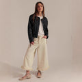 Women's wide-leg cropped lace jeans in dark blue with high waist and zipper detail
