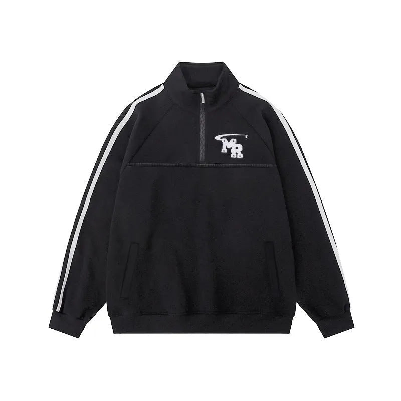 Black long sleeve sports hoodie with stand collar showing Hong Kong style details