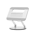 Silver aluminium alloy laptop stand with rotatable lift-up design in folded position