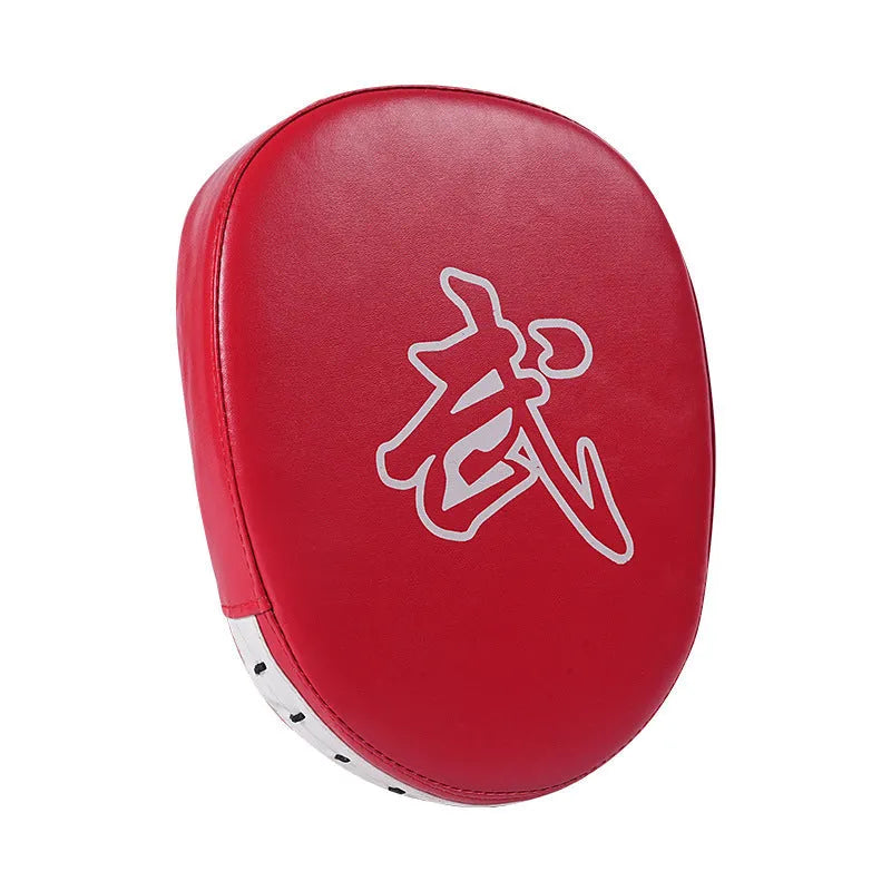 PU leather punch mitts for boxing training in curved and flat designs on a black background