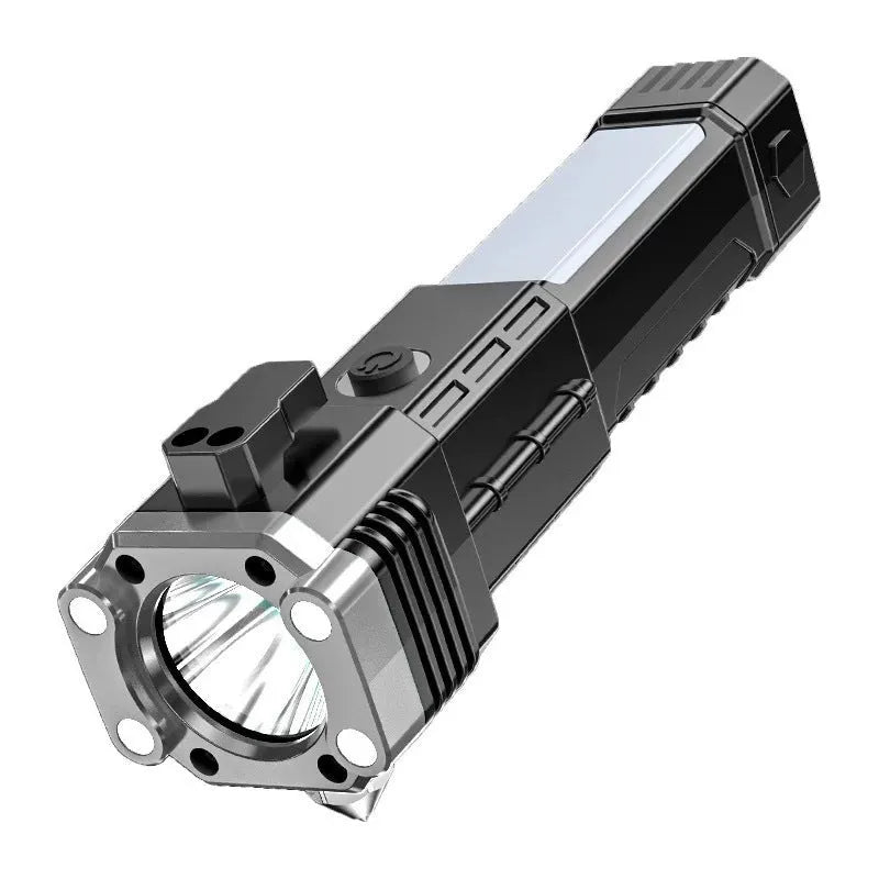 Silver portable LED flashlight with integrated USB power bank charging port.