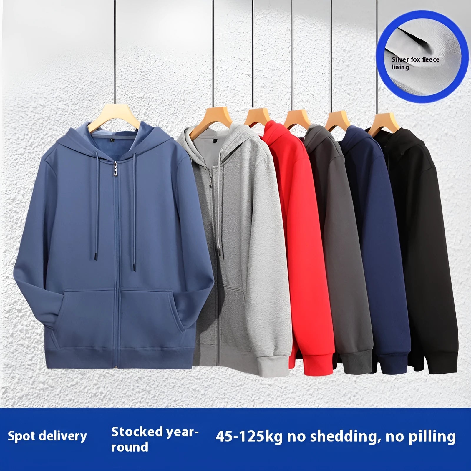 A plus size man wearing a heavy grey zip-up hooded cardigan sweater with side pockets.