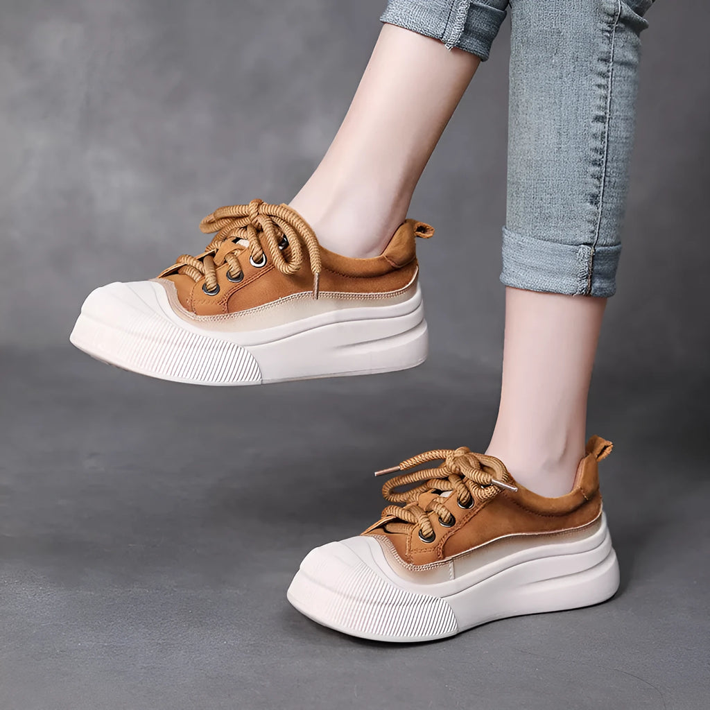 Women's full grain cow leather lace-up casual shoes with round toe in yellow and brown colours