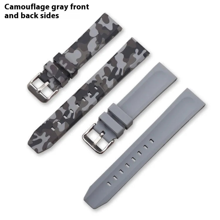 Green camouflage silicone watch strap with flat head, shown alongside blue and grey versions.