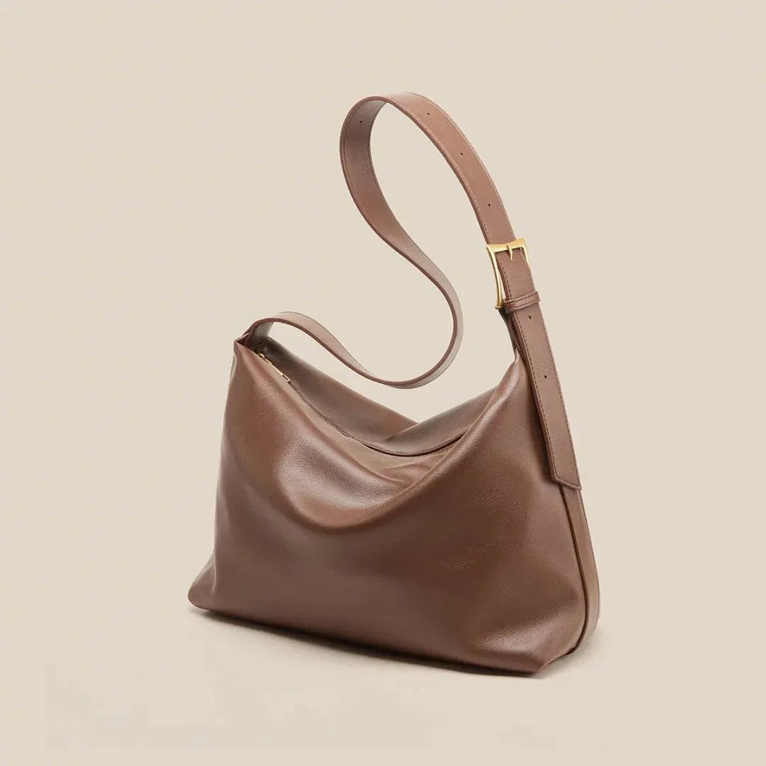 Soft collapse simple one-shoulder large capacity PU tote bag in brown with stitching and contrast colour details