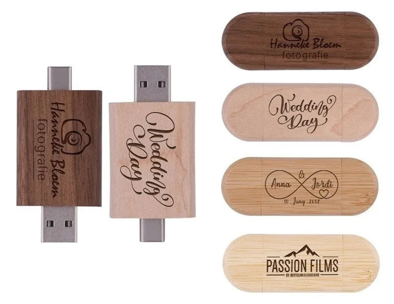 Maple box carved wooden USB flash drive showing both TYPE-C and standard USB connectors