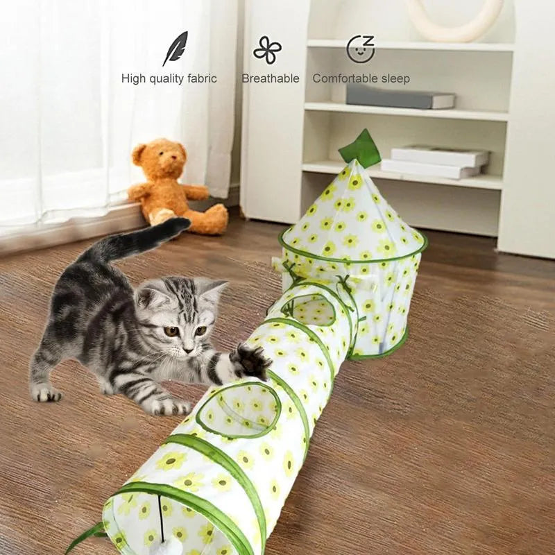 Cat play tunnel folding interactive bunny tent with black and white kitten pattern, made of polyester and canvas, with tunnel attached