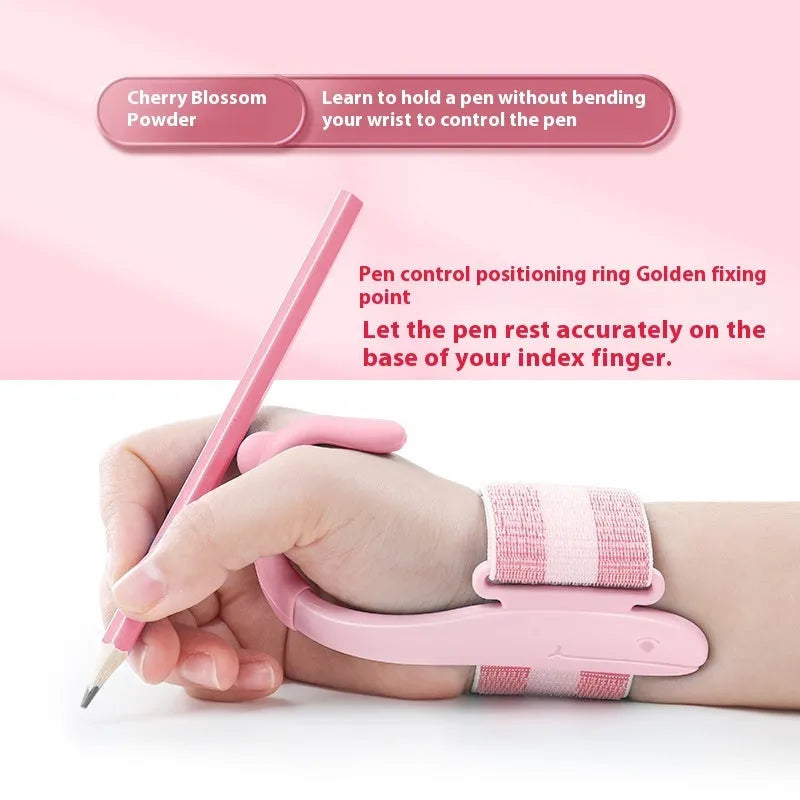 Blue anti-hook wrist brace pen corrector for children's handwriting posture on a desk.