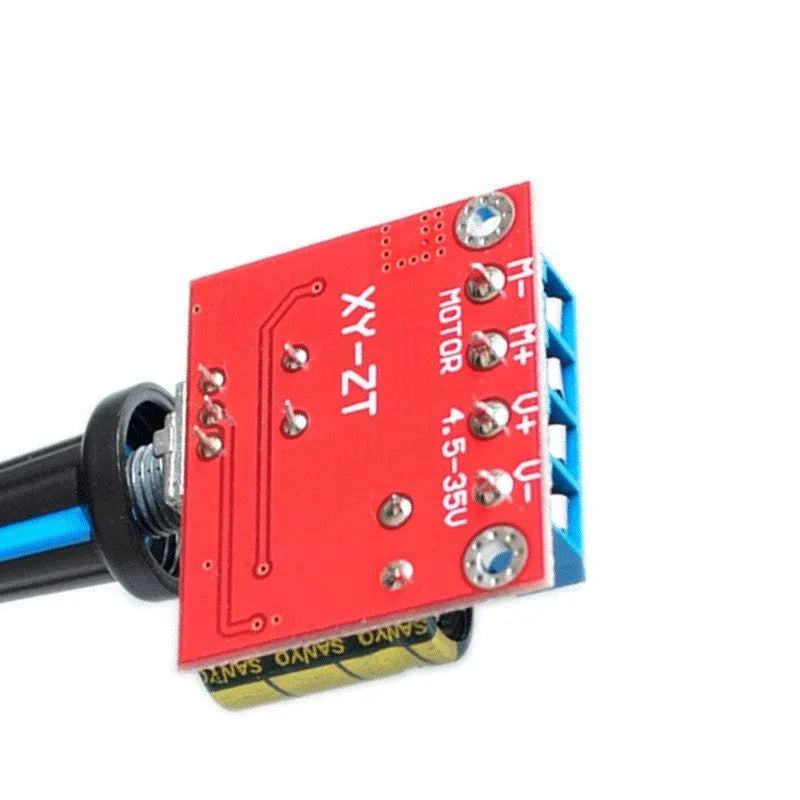 PWM DC motor governor for 5V to 35V speed regulation with potentiometer knob and connection terminals