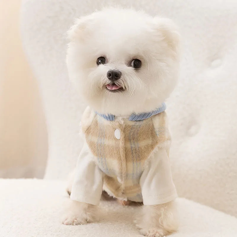Blue chessboard grid corduroy hooded traction vest for small dogs with sizing guide