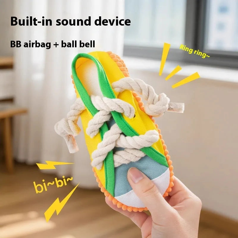 Plastic dog sound slippers toy in three colour variations: rock yellow, black, and sea fog blue