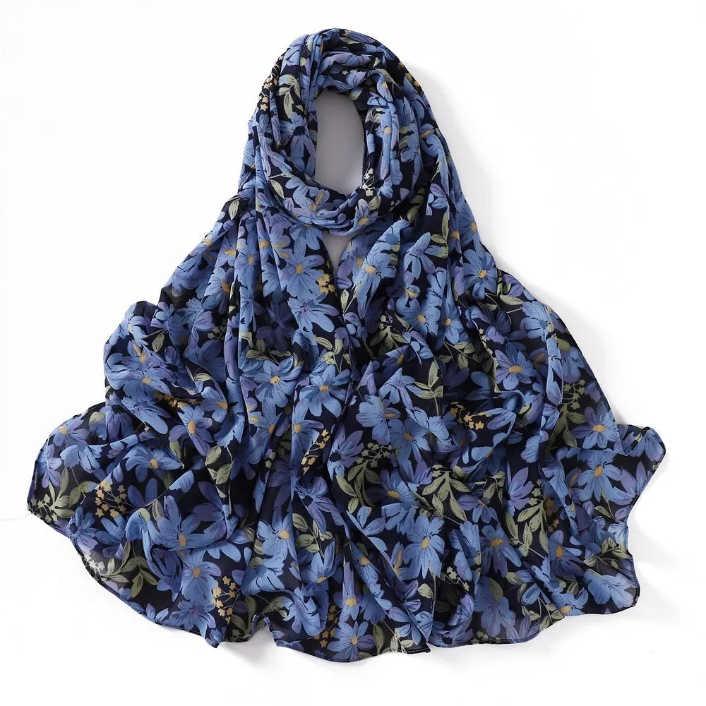 Printed polyester chiffon scarf with plaid maple leaf pattern in 70x175cm size