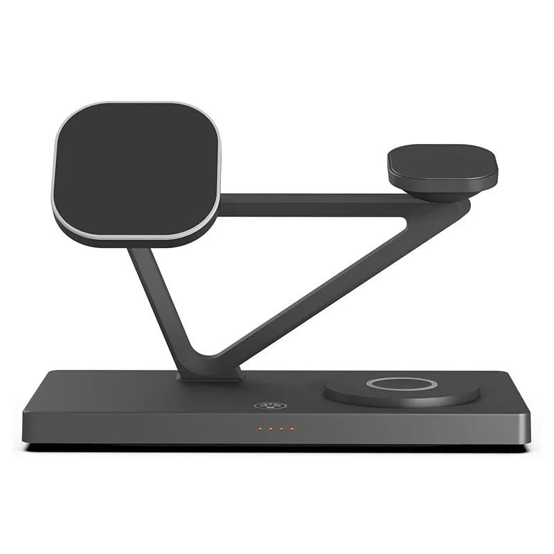 White five-in-one wireless charging station with magnetic phone bracket, circular pad, and watch dock, showing a night light glow.