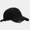 Men's adjustable cotton denim baseball cap in black on a plain background.