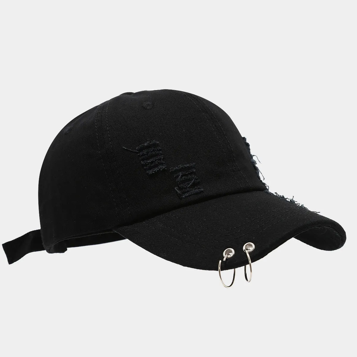 Men's adjustable cotton denim baseball cap in black on a plain background.