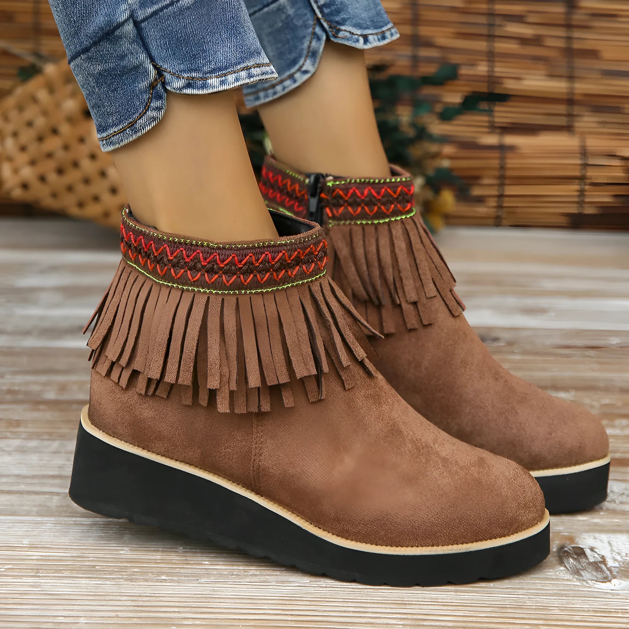 Women's wedge ankle boots in suede with side zipper and thick rubber sole