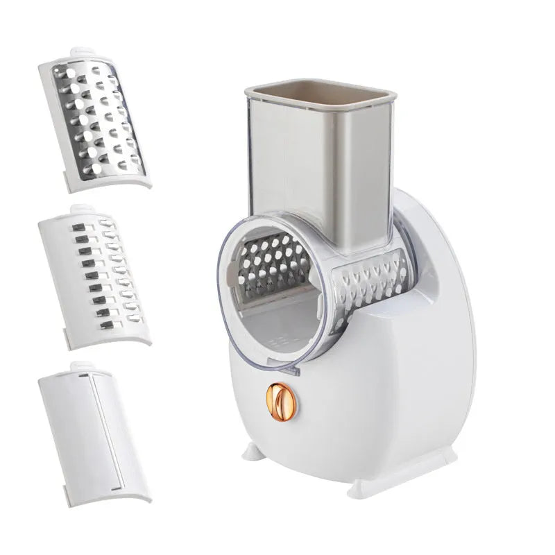 White electric vegetable slicer with rotary grater and suction base on kitchen counter