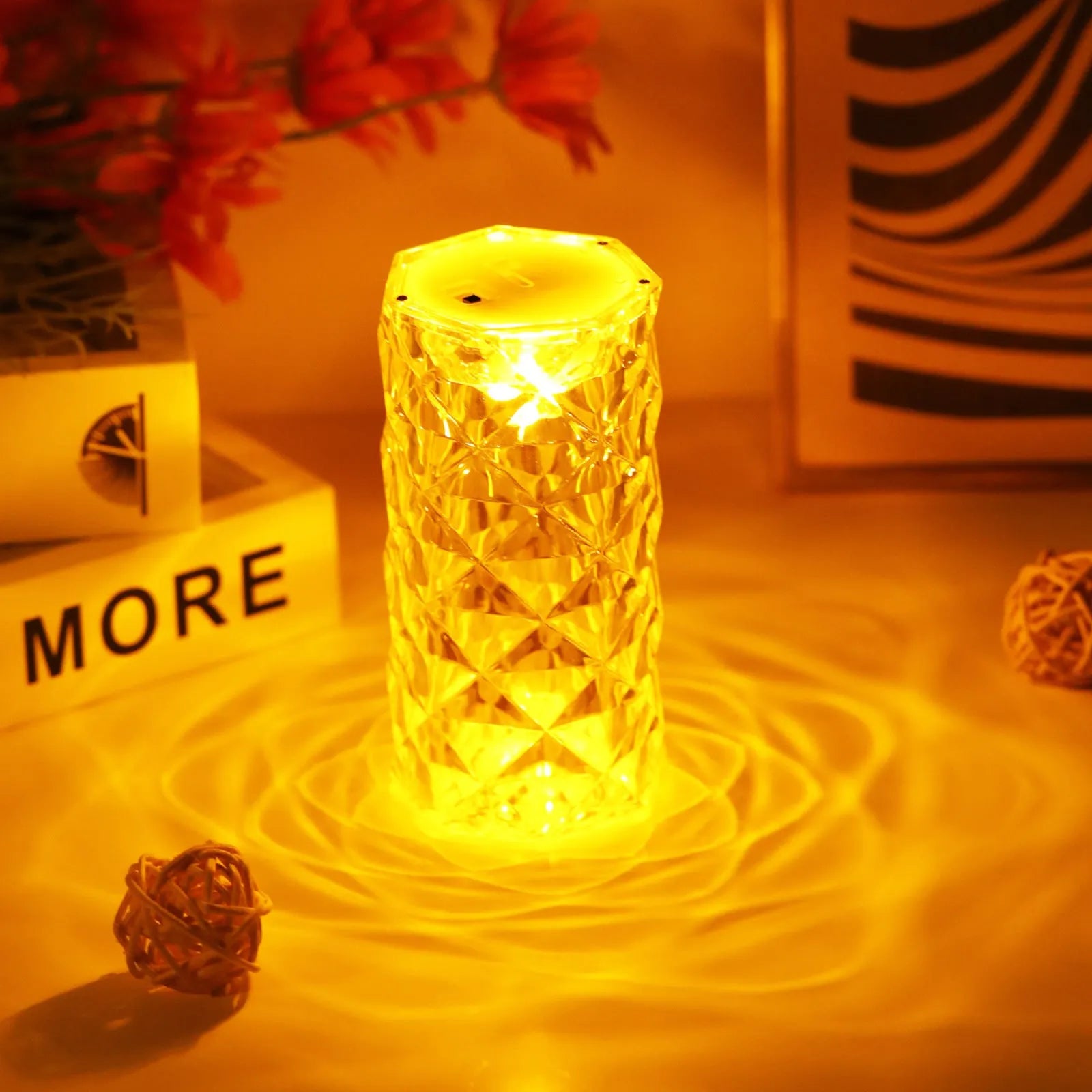Clear acrylic crystal rose petal table lamp with warm white LED light, 12.2cm size